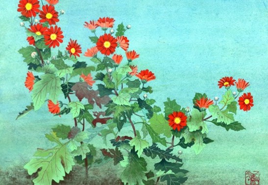 赤い小菊（日本画F8）